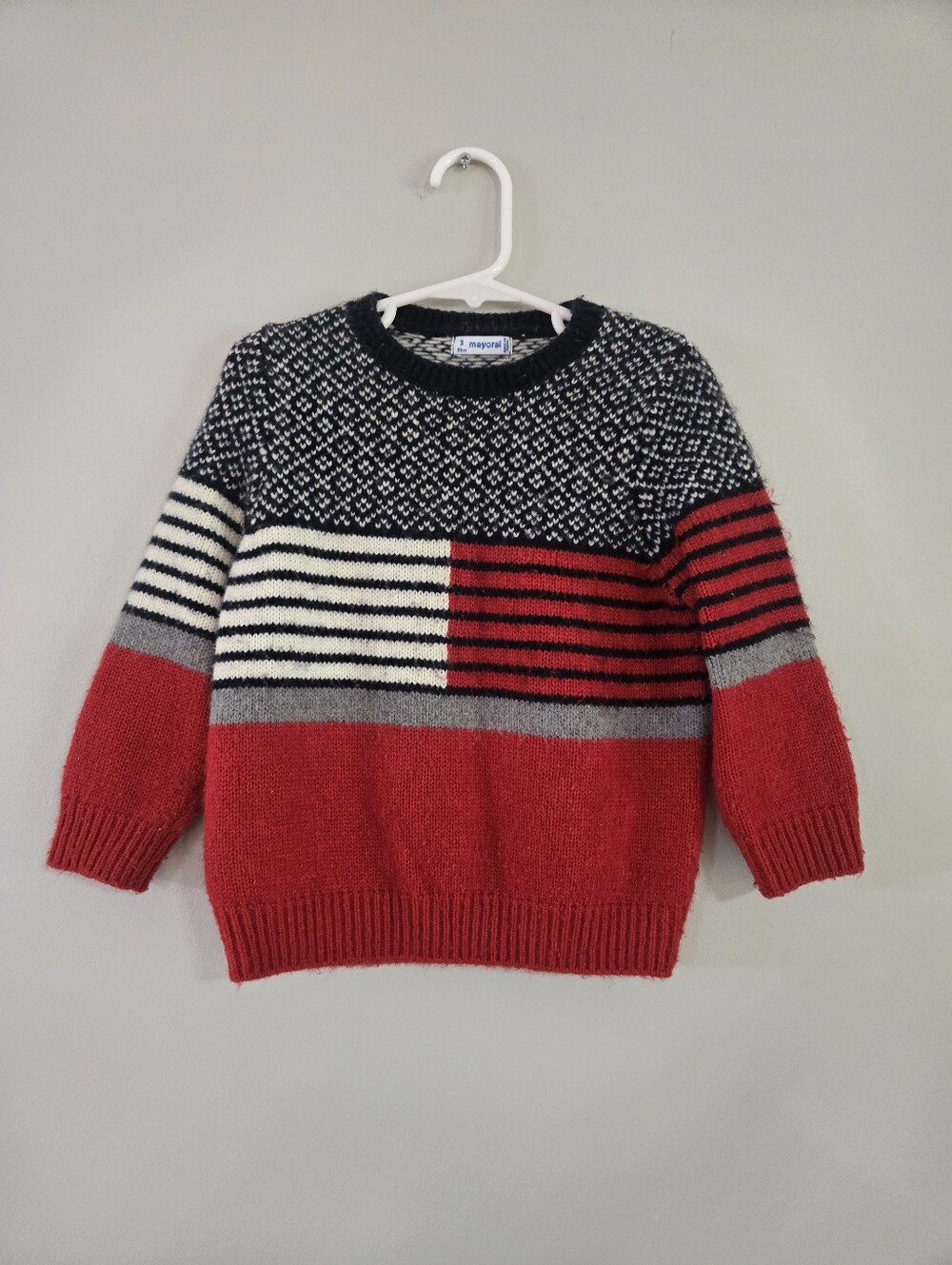 Mayoral Boys Colorblock Knit Sweater Size 3 98cm Red Navy Cream Wool Blend